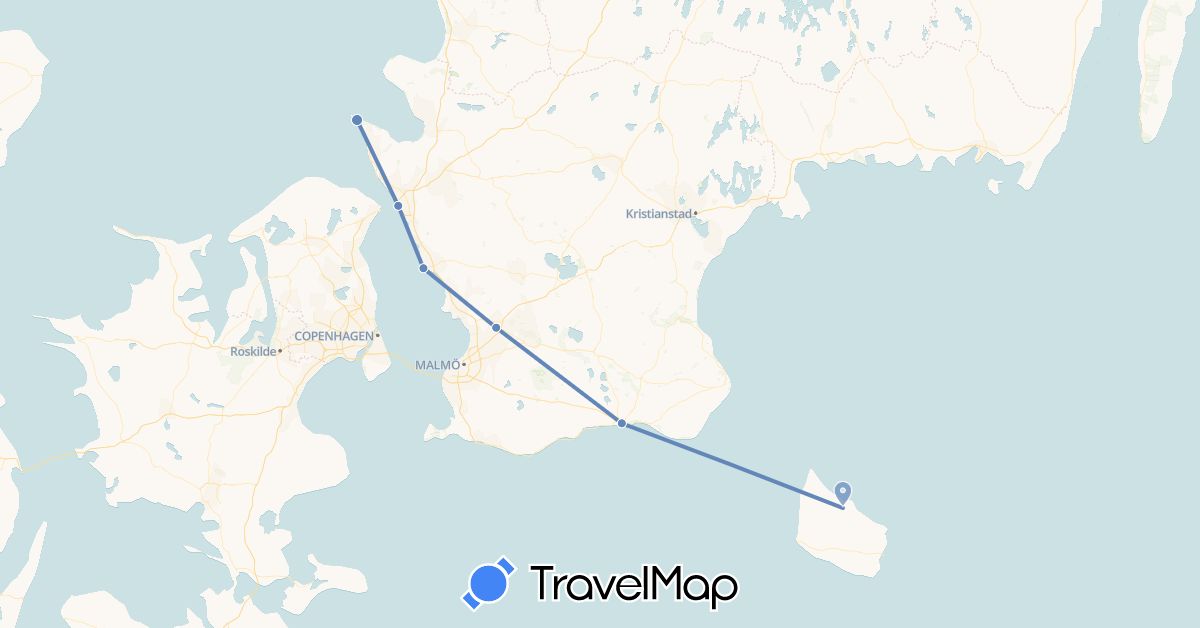 TravelMap itinerary: driving, cycling in Denmark, Sweden (Europe)